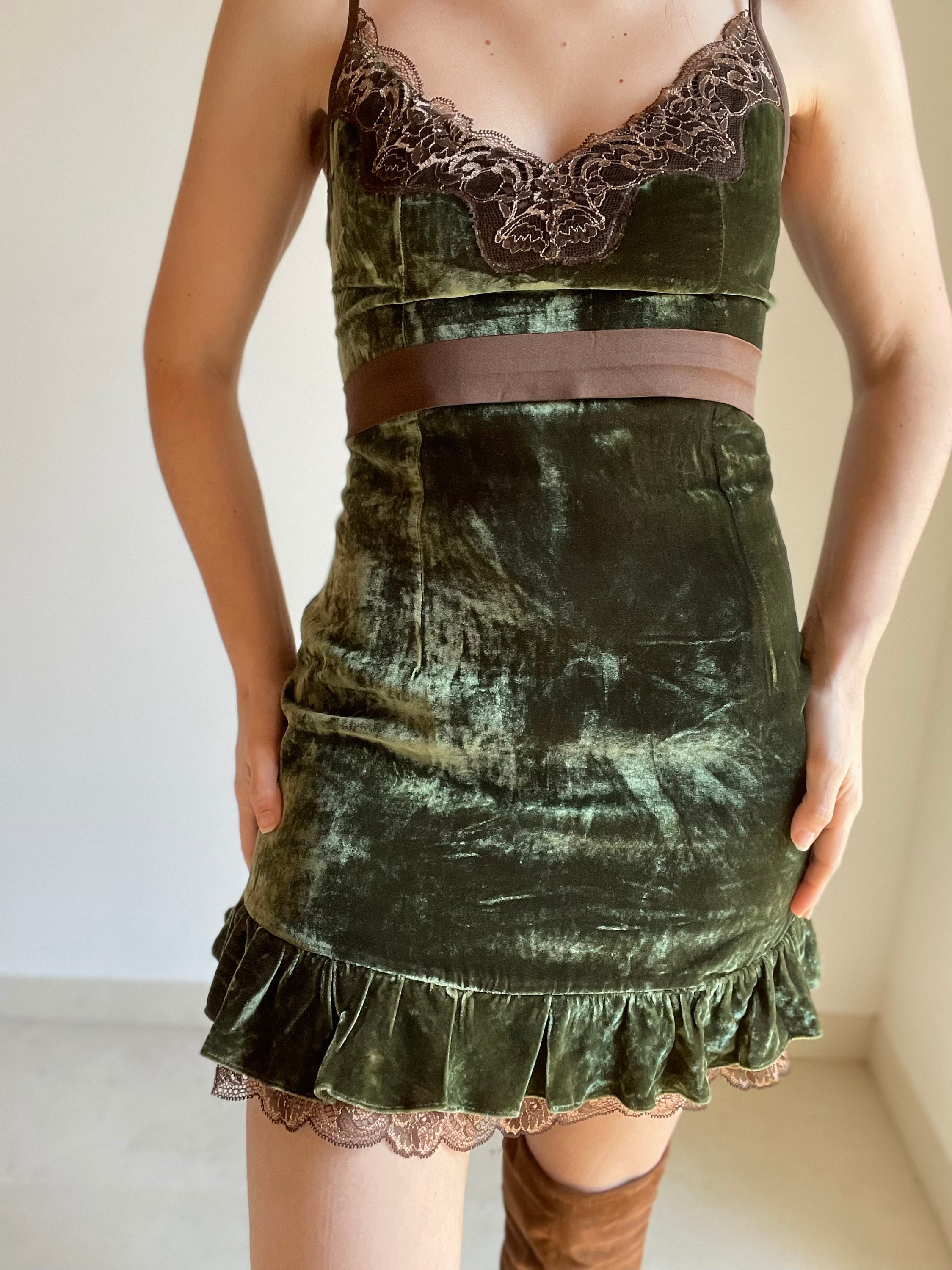 1990s Dolce & Gabbana Dark Green Velvet and Silk Mini Dress