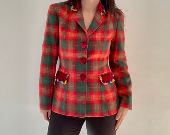 1990s iconic Moschino Cheap and Chic green red plaid wool the nanny Fran Fine blazer jacket, Size S - M