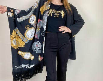 VINTAGE MOSCHINO Fall Winter 1986 Extremely Rare And Iconic Clock Watch Novelty Print Shawl Blazer Jacket 80s Designer