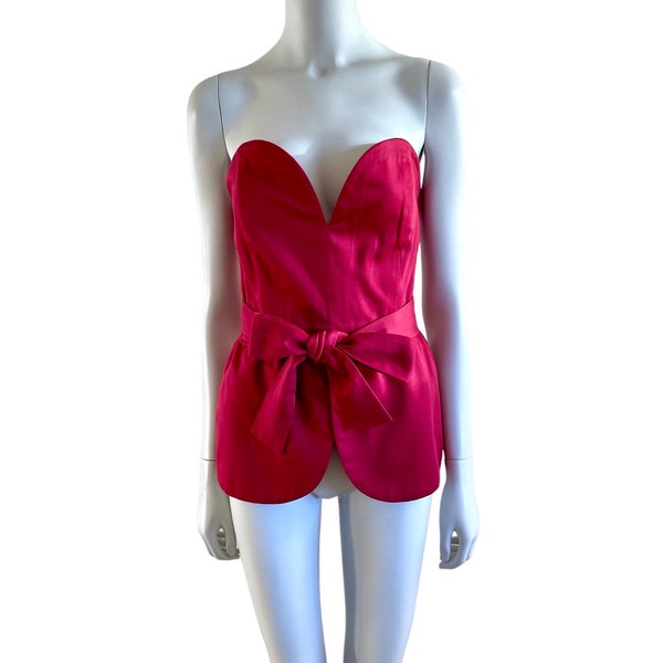 Yves Saint Laurent Rive Gauche Spring Summer 1985 red burgundy cotton belted strapless bustier corset, Size XS