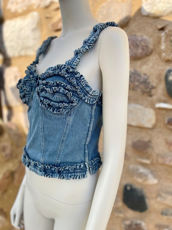 1990s Moschino Jeans ruffled denim bustier corset… - image 5