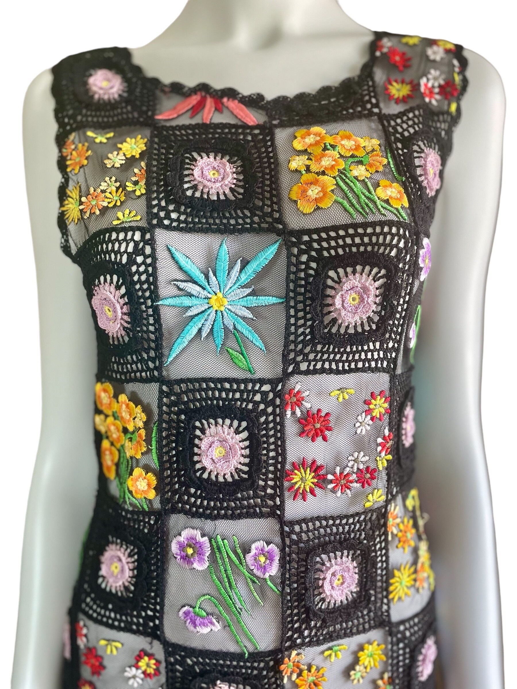 1990s Moschino Cheap and Chic Black Floral Crochet Patchwork