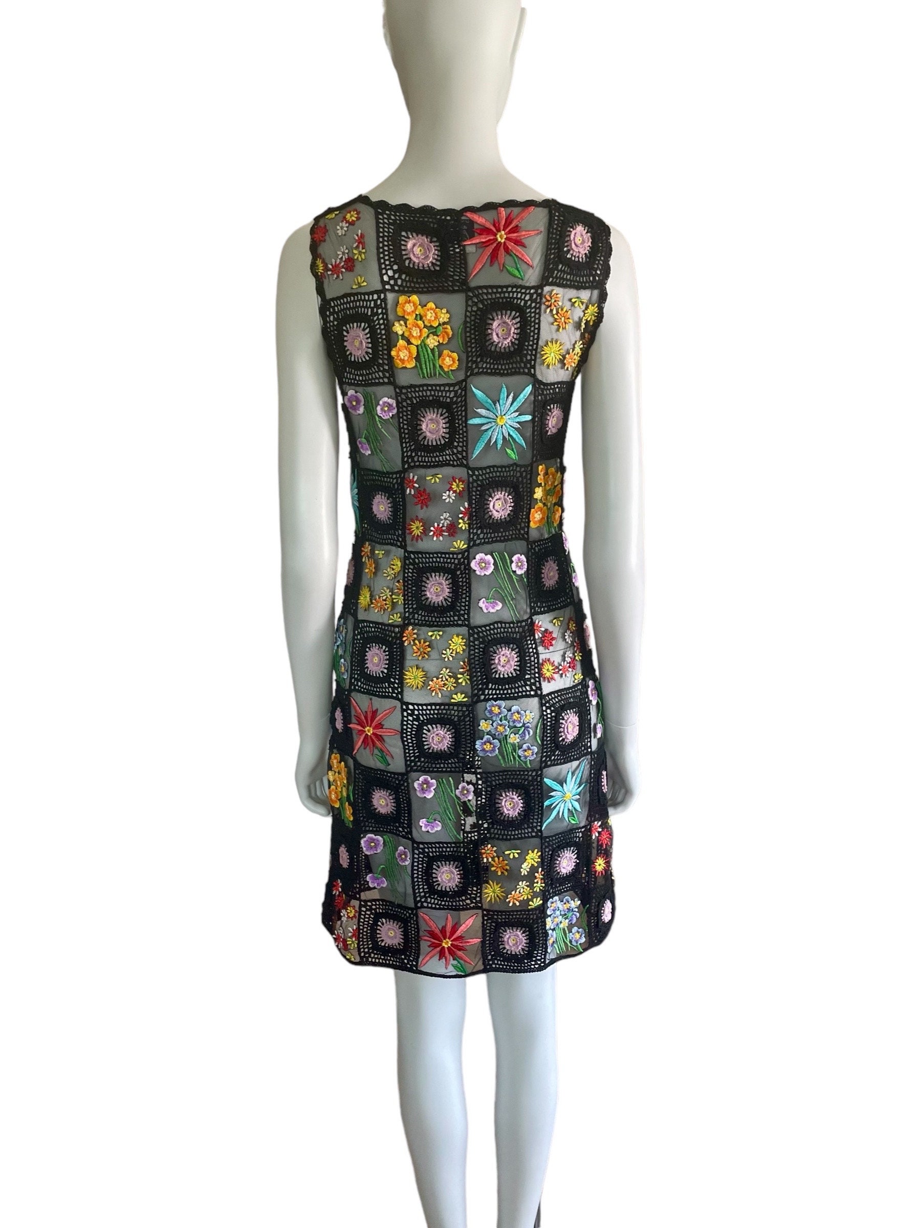 1990s Moschino Cheap and Chic Black Floral Crochet Patchwork
