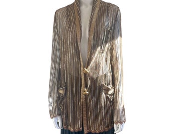Romeo Gigli Spring Summer 1994 gold brown striped and fishnet duster jacket, lace hem