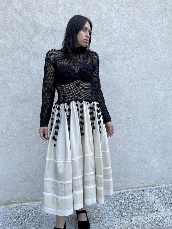 1990s Moschino Cheap and Chic Black Fishnet Crochet Fringes