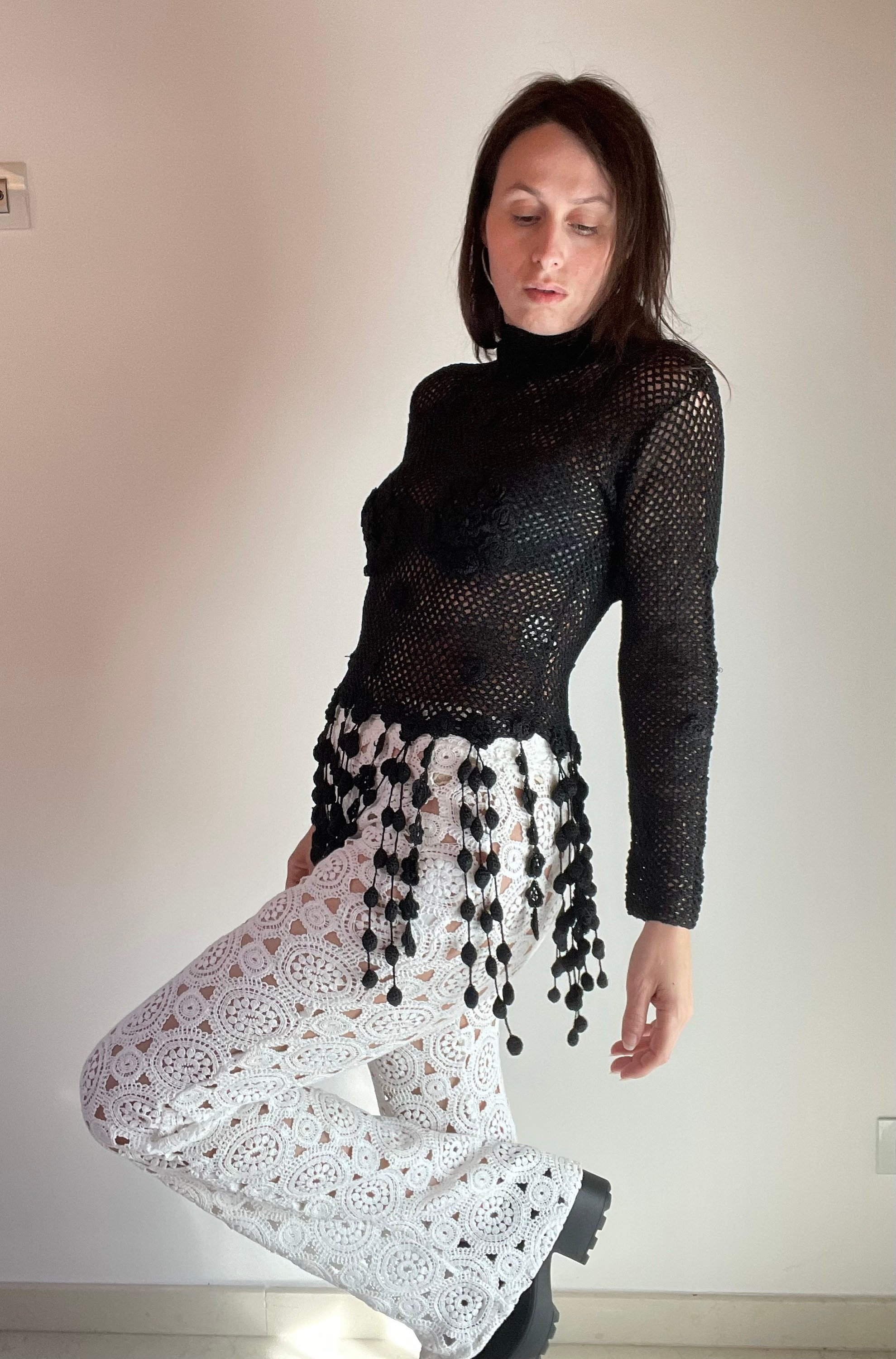 1990s Moschino Cheap and Chic Black Fishnet Crochet Fringes Turtleneck Sweater Top, 3D Flowers Embroidered, Long Sleeve, Size S M - Etsy - トップス 1990s Moschino Cheap and Chic Black Fishnet Crochet Fringes Turtleneck Sweater Top, 3D Flowers Embroidered, Long Sleeve, Size S M - Etsy - トップス