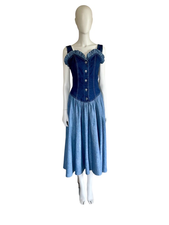 1990s Byblos denim blue ruffled sleeveless corset 