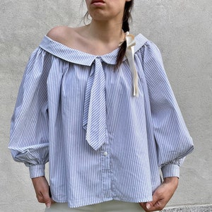 Chantal Thomass Spring Summer 1983 striped cotton shirt with tie, off shoulder, ballon sleeve