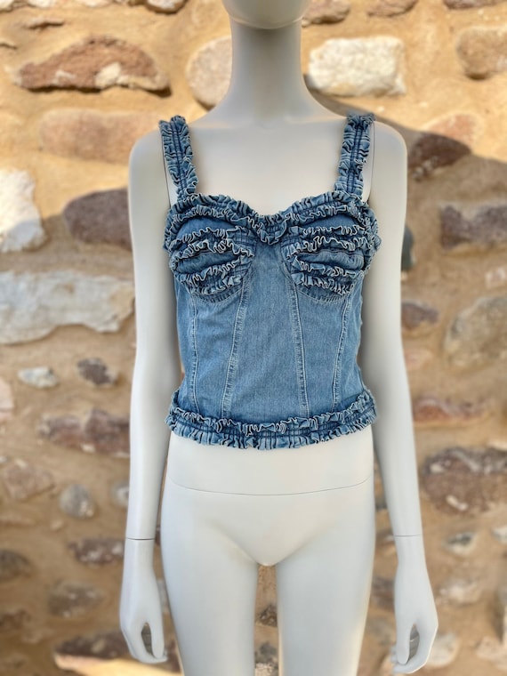 1990s Moschino Jeans ruffled denim bustier corset… - image 1