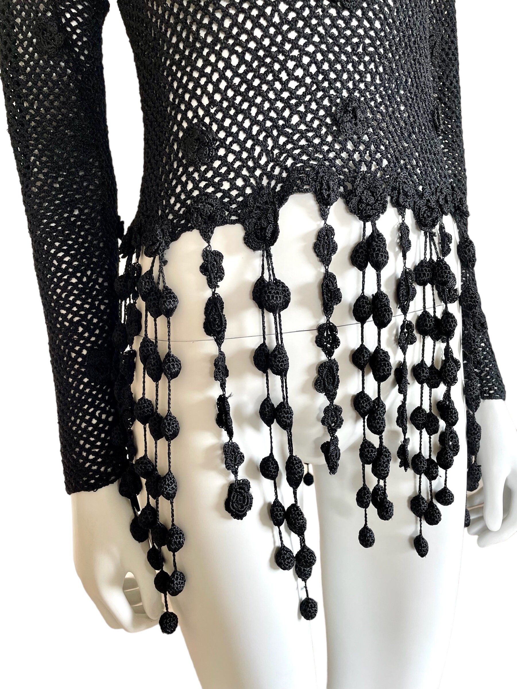 1990s Moschino Cheap and Chic Black Fishnet Crochet Fringes