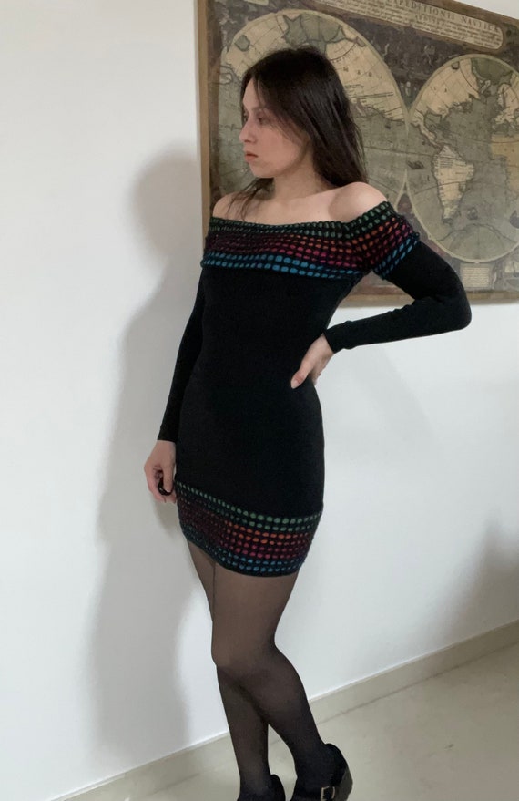 1990s Azzedine Alaïa black knit mini dress with r… - image 3