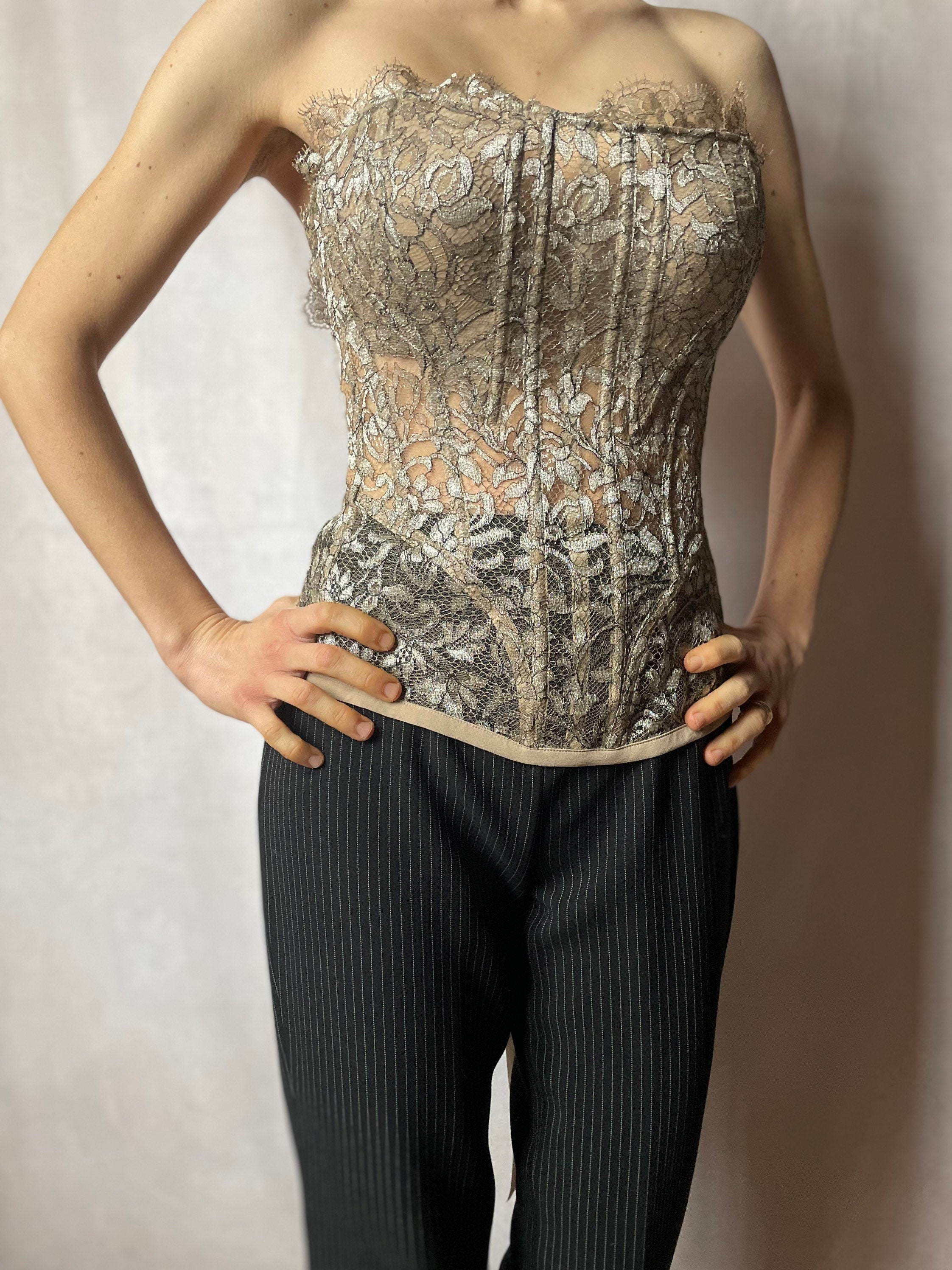 La Perla iconic Y2K deadstock beige and grey lace boned bustier corset,  back lace up, size XS - S