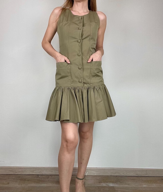 Alberta Ferretti, Alberta Ferretti green kaki cotton pleated sleeveless mini dress