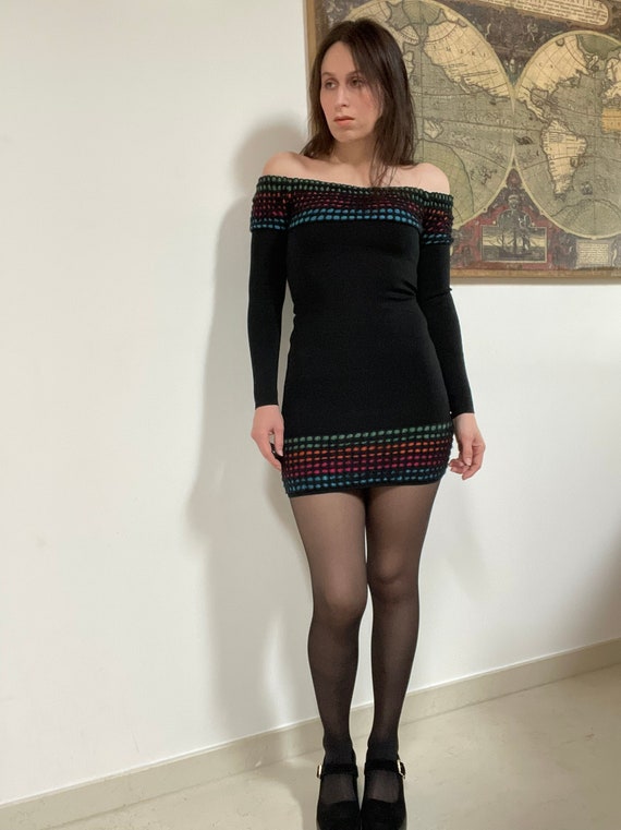 1990s Azzedine Alaïa black knit mini dress with r… - image 1