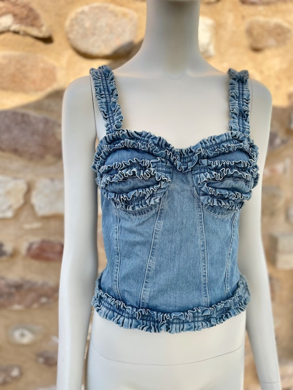 1990s Moschino Jeans ruffled denim bustier corset… - image 2