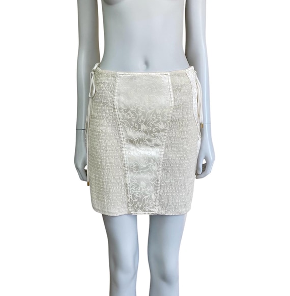 Alberta Ferretti, Alberta Ferretti ivory cotton floral and smocked lace up mini skirt
