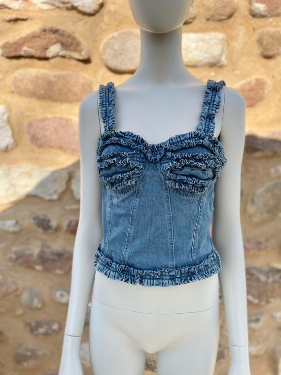 1990s Moschino Jeans ruffled denim bustier corset… - image 6