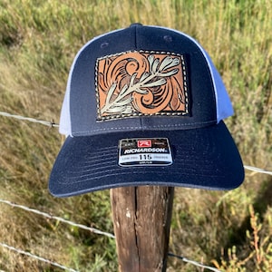 Leather tooling pattern hat patch with sagebrush