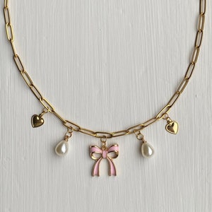 pink bow gold charm necklace