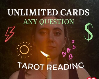 Può includere: Una persona che tiene una candela accesa con il testo UNLIMITED CARDS ANY QUESTION TAROT READING. L'immagine presenta un fulmine rosso, un simbolo del dollaro verde, un sole giallo e cuori rosa. Il testo stregalucania e NO A.I. sono visibili.