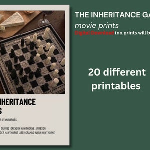 K&ouml;nnte beinhalten: Eine Anzeige f&uuml;r digitale Filmdrucke von "The Inheritance Games". Das Bild zeigt ein Schachbrett mit schwarzen und wei&szlig;en Figuren. Der Text auf dem Poster lautet "20 verschiedene Drucke". Das Poster enth&auml;lt den Filmtitel, den Autor und die Besetzung.