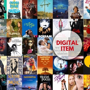 Puede incluir: Un collage de carteles de películas, incluyendo "Sing Street", "500 Days of Summer" y "Fight Club". Un gran gráfico central indica "DIGITAL ITEM". Los carteles varían en color y diseño, representando diversos géneros cinematográficos, como drama y animación.
