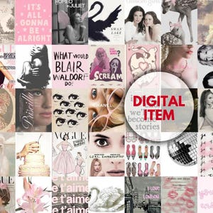 Puede incluir: Un collage de imágenes con una estética rosa y blanca. Incluye portadas de revistas, carteles de películas e ilustraciones. El texto central dice "DIGITAL ITEM". Los temas incluyen moda, romance y cultura pop.