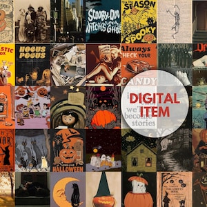 May include: A digital collage of vintage Halloween images, including pumpkins, ghosts, witches, and spooky houses. The text "CANDY DIGITAL ITEM we're becoming stories" is in the center of the collage.