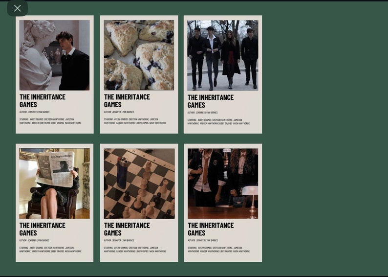 K&ouml;nnte beinhalten: Sechs Buchcover-Designs f&uuml;r "The Inheritance Games" werden gezeigt. Jedes Cover hat ein anderes Bild, wie z. B. Personen, Essen und ein Schachbrett. Der Buchtitel ist auf jedem Cover zusammen mit dem Namen des Autors und der Besetzung zu sehen.