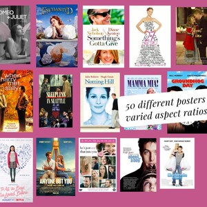 May include: A selection of film posters, such as "Romeo + Juliet," "Enchanted," "Something's Gotta Give," "When Harry Met Sally," and "Sleepless in Seattle." The image also features the text "50 different posters varied aspect ratios."