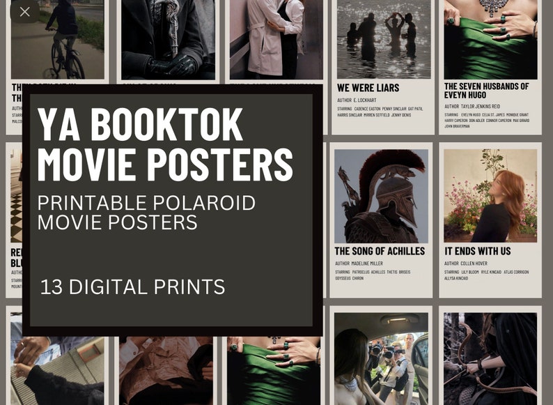 May include: A collage of 13 printable polaroid movie posters featuring popular young adult books. The posters are in a black and white color scheme with a vintage aesthetic. The titles of the books are listed on each poster, along with the author's name and a few of the main characters.