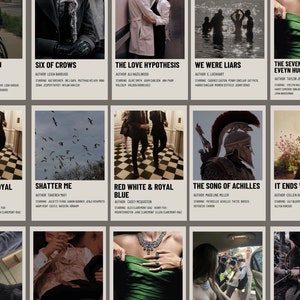May include: A collage of book covers with a minimalist design. Each cover features a different book title, author, and a small image related to the story. The titles include "They Both Die in the End", "Six of Crows", "The Love Hypothesis", "We Were Liars", "The Seven Husbands of Evelyn Hugo", "Red, White & Royal Blue", "Shatter Me", "Red, White & Royal Blue", "The Song of Achilles", and "It Ends With Us".