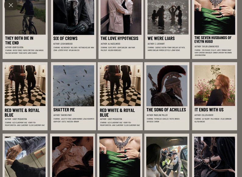 May include: A collage of book covers with a minimalist design. Each cover features a different book title, author, and a small image related to the story. The titles include "They Both Die in the End", "Six of Crows", "The Love Hypothesis", "We Were Liars", "The Seven Husbands of Evelyn Hugo", "Red, White & Royal Blue", "Shatter Me", "Red, White & Royal Blue", "The Song of Achilles", and "It Ends With Us".