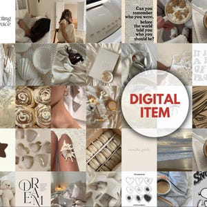 Kit de collage mural 50 PCS vanille, affiches imprimables, fille épurée, minimaliste, blanc, beige, vieil argent, crème, téléchargement numérique