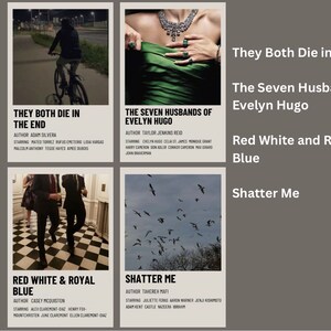 May include: A collage of four book covers with the titles "They Both Die in the End", "The Seven Husbands of Evelyn Hugo", "Red White & Royal Blue", and "Shatter Me". Each cover features a different image and the author and starring cast.