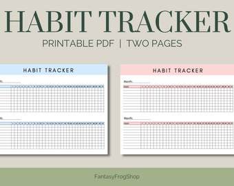 May include: Printable two-page habit tracker in PDF format. The tracker has two sections, each with a space for the month and a grid for tracking habits. The first section is on a light blue background and the second section is on a light pink background.