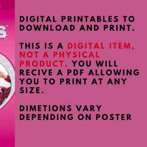 May include: A pink digital print advertisement with the text "DIGITAL PRINTABLES TO DOWNLOAD AND PRINT." The text also states that it is a digital item, not a physical product, and will be received as a PDF.