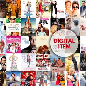 Puede incluir: Un collage de carteles de películas, principalmente comedias románticas. Los carteles están dispuestos en una cuadrícula, mostrando títulos e imágenes. Un gráfico circular central dice "DIGITAL ITEM".