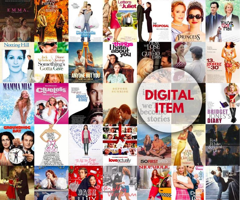 May include: A collection of film posters, predominantly romantic comedies, arranged in a grid. The posters display movie titles and imagery. A central circular graphic reads "DIGITAL ITEM".