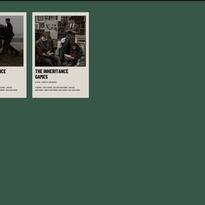 K&ouml;nnte beinhalten: Zwei Buchcover-Designs f&uuml;r "The Inheritance Games" werden gezeigt. Eines zeigt Figuren am Strand, das andere Figuren in einer Bibliothek. Jedes Cover hat den Titel, den Autor und die Besetzung in einem minimalistischen Design.