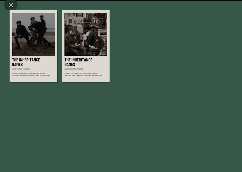 K&ouml;nnte beinhalten: Zwei Buchcover-Designs f&uuml;r "The Inheritance Games" werden gezeigt. Eines zeigt Figuren am Strand, das andere Figuren in einer Bibliothek. Jedes Cover hat den Titel, den Autor und die Besetzung in einem minimalistischen Design.