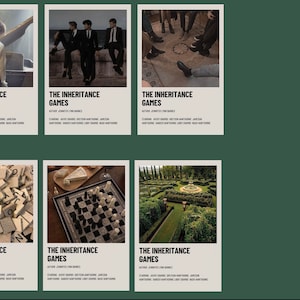 K&ouml;nnte beinhalten: Sechs Buchcover f&uuml;r "The Inheritance Games" mit verschiedenen Bildern. Die Cover zeigen Bilder von Personen, einem Schachbrett, Scrabble-Steinen und einem Garten. Titel und Autorenname sind auf jedem Cover zu sehen.
