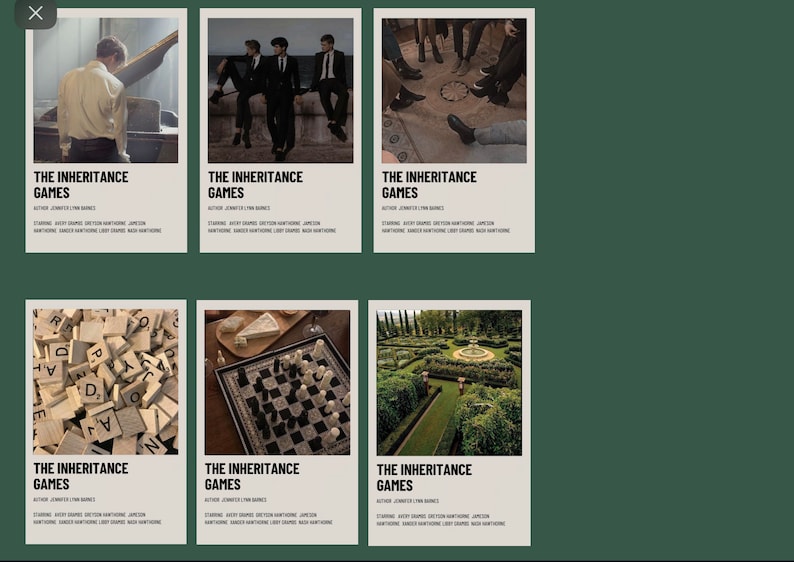 K&ouml;nnte beinhalten: Sechs Buchcover f&uuml;r "The Inheritance Games" mit verschiedenen Bildern. Die Cover zeigen Bilder von Personen, einem Schachbrett, Scrabble-Steinen und einem Garten. Titel und Autorenname sind auf jedem Cover zu sehen.