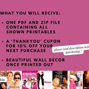 May include: A pink background with text stating what is received: PDF files, a 10% discount coupon, and wall decor. The text also includes "please read description before purchasing!" Below are movie posters.