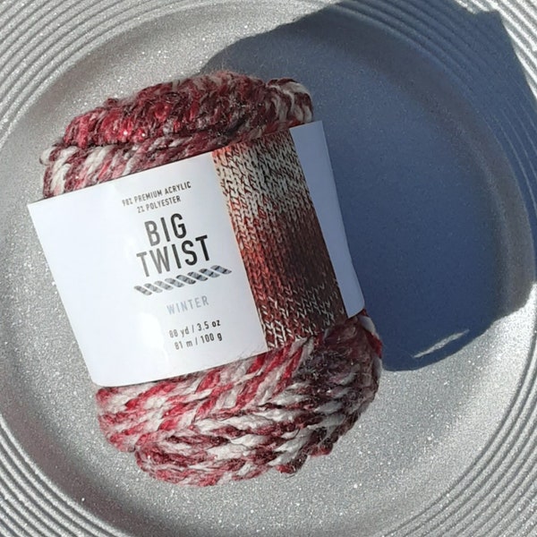 Big Twist winter yarn, big Twist red winter yarn, metallic thread yarn, holiday yarn, Christmas yarn, destash yarn, Christmas hat yarn