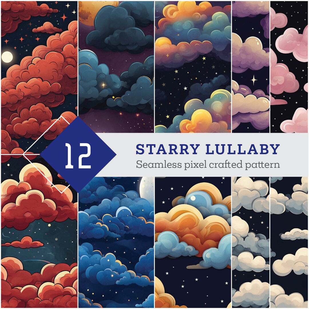 12x Nightsky Seamless Patterns, Moon, Stars, Clouds, Seamless Design ...