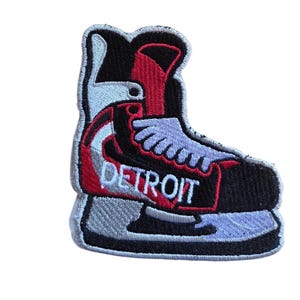 Detroit Hockey Iron On Patch, Ice Skate Shaped Twill, Embroidered Game Day