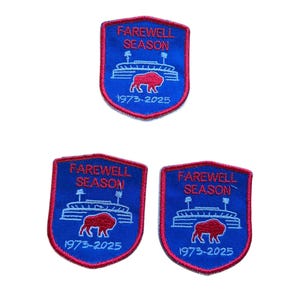 May include: Three blue and red embroidered patches. Each patch features the text "Farewell Season" above a stadium graphic and a red bison. The text "1973-2025" is below the bison. The patches are shield-shaped.