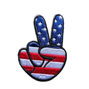Embroidered Patch N25.  peace sign fingers hand patriotic flag iron on patch 4 inch