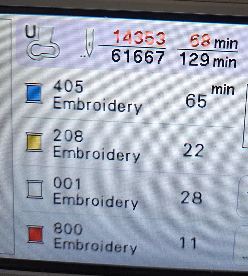 May include: A screen displaying embroidery design information. The screen shows four different embroidery designs with their corresponding stitch counts and estimated embroidery times. The designs are labeled with numbers: 405, 208, 001, and 800. The total embroidery time is 129 minutes.